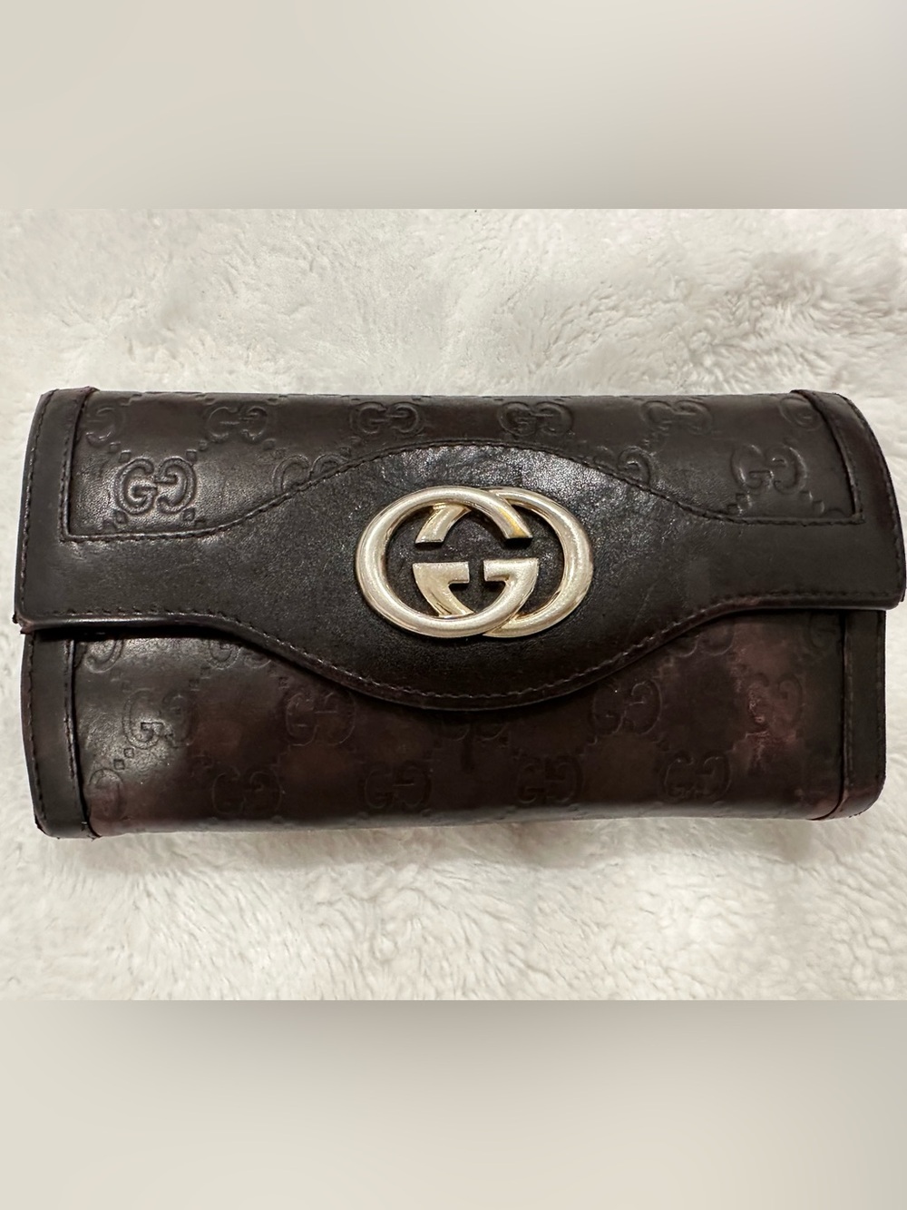 Gucci Dark Brown Embossed GG Continental Wallet with Silver Double G